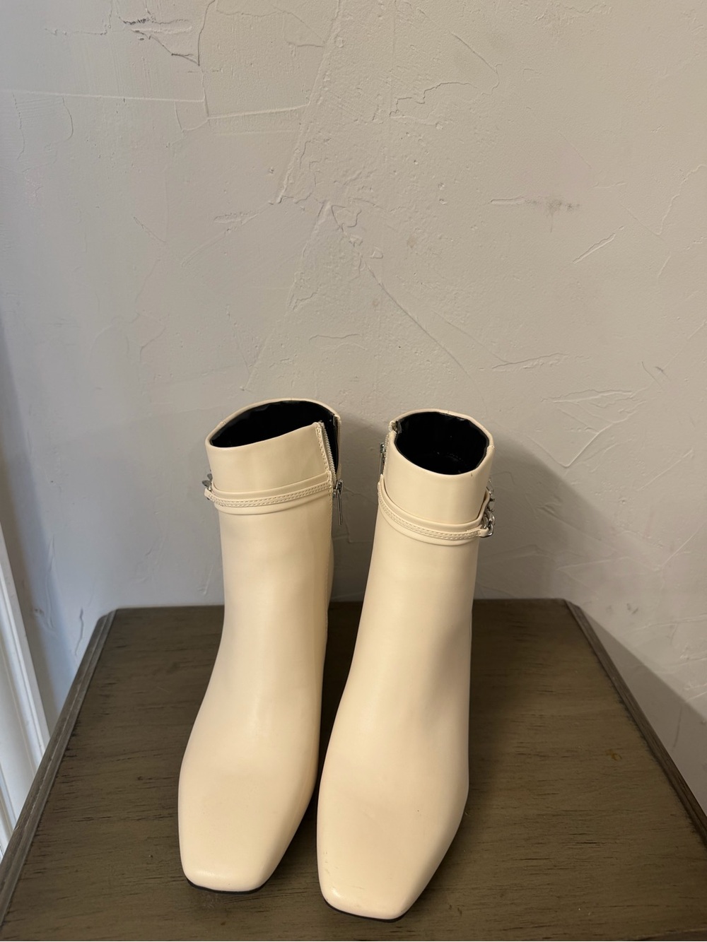 Unisa Cream Square-Toe Ankle Boots with Buckle Detail